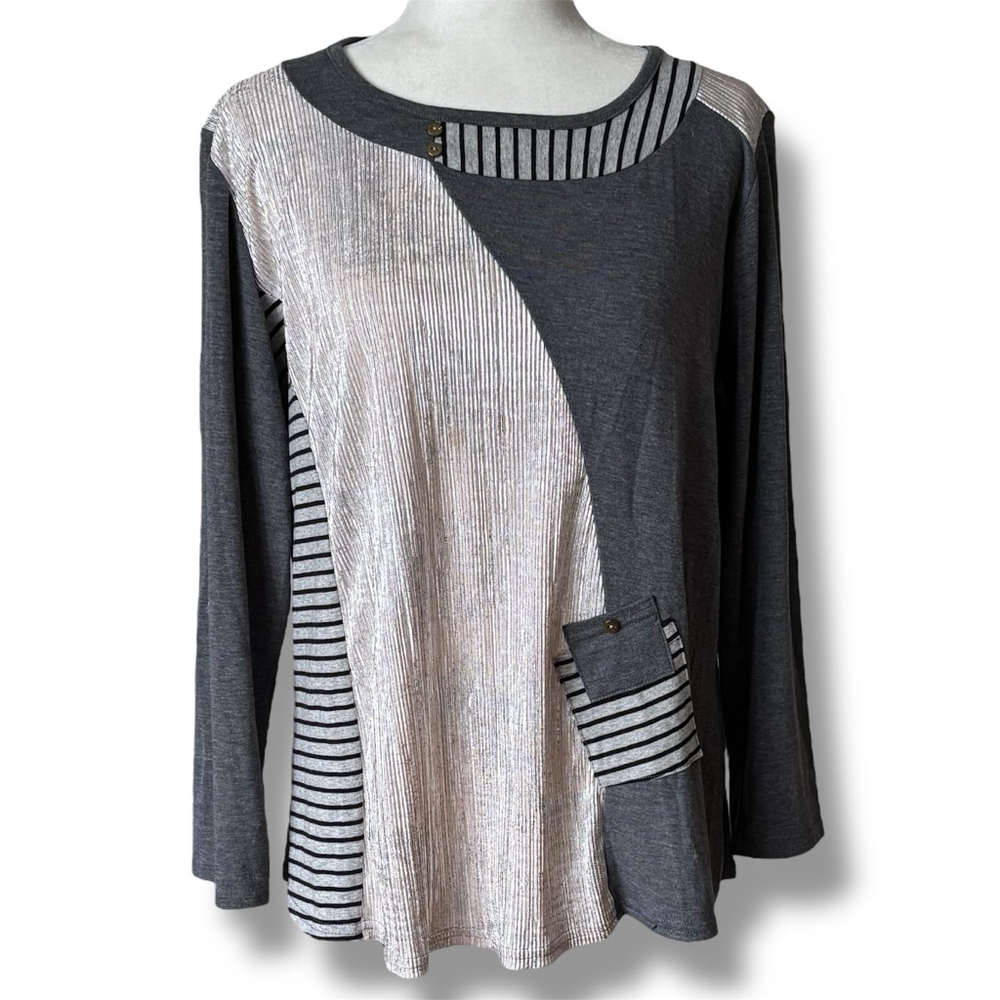 Vintage Nanas de Paris Grey Silver Black Striped Long Sleeve Top XL